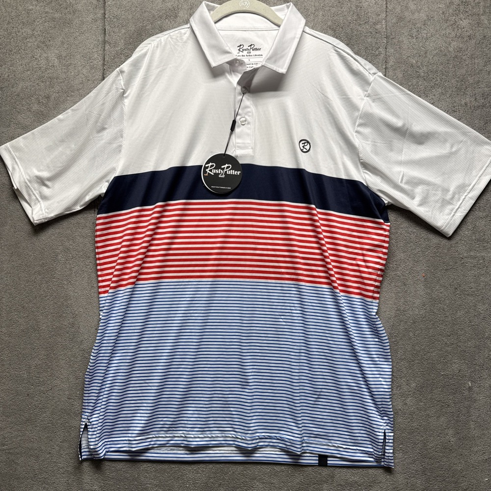 Rusty Putter Golf Shirt Mens L Red White Blue Striped Polo Performance‎